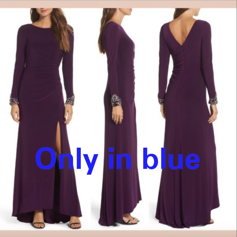 ELIZA J RUCHED LONG SLEEVE GOWN WITH RHINESTONE CUFF